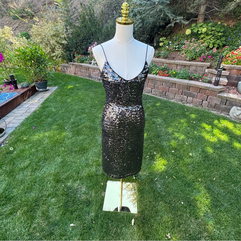 70s vintage David Morris Black Metallic gun metal sequin sparkly dress